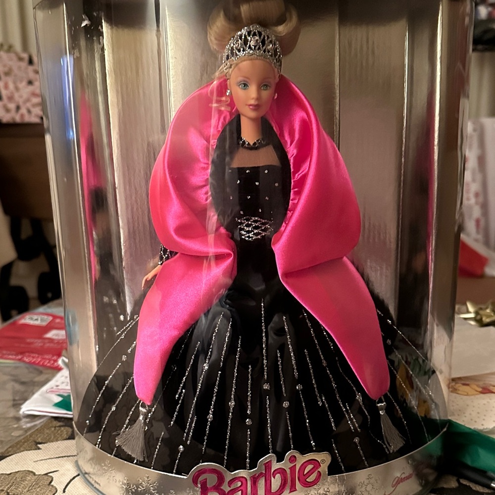 Barbie in Black Gown with Pink Cape and Silver Details